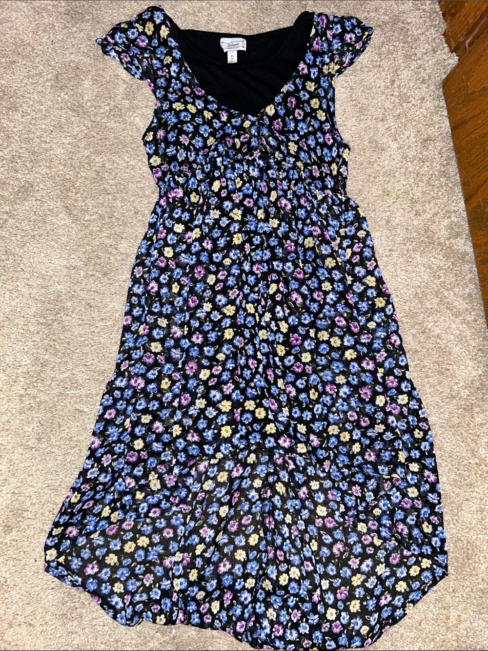 Disney Black Floral Dress with Purple, Blue & Yellow Flowers